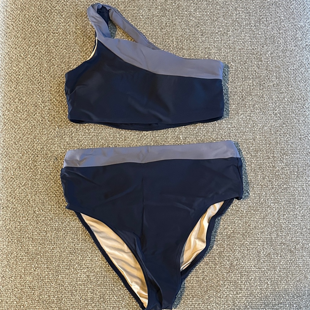 Summersalt Two-Piece One-Shoulder Swim Set in Navy and Slate